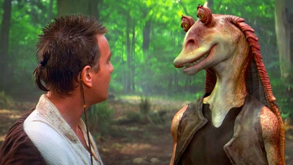 Obi-Wan Kenobi (Ewan McGregor) und Jar Jar Binks (Ahmed Best) in Star Wars: Episode 1 - Die dunkle Bedrohung.