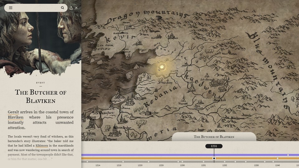 In der offiziellen, interaktiven Karte von Netflix könnt ihr die Welt von The Witcher nach bestimmten Ereignissen, Personen oder Jahreszahlen absuchen und mehr über die Handlung erfahren.