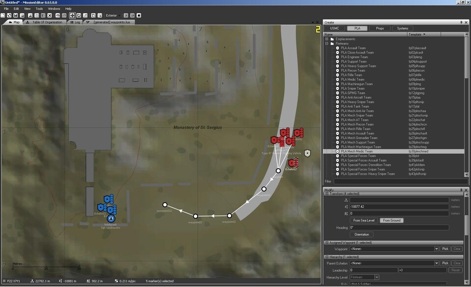 Im Editor setzen Sie Einheiten und Fahrzeuge in die Landschaft, definieren Wegpunkte und Skript-Ereignisse und legen die Tageszeit fest. 