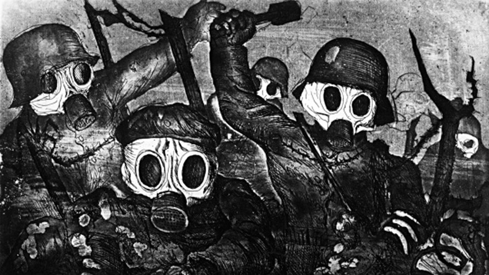 In der Kunst ist das Anti-Kriegs-Motiv zum Ersten Weltkrieg allgegenwärtig (Sturmtruppe geht unter Gas vor - Otto Dix, 1924)