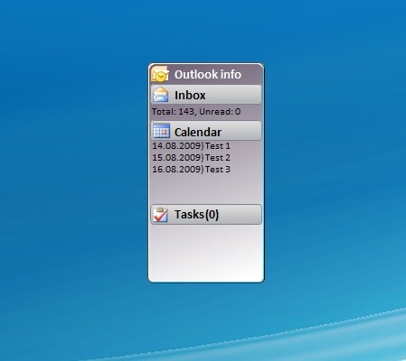 Diese Mini-Anwendung zeigt die wichtigsten Informationen von Outlook auf einen Blick an: Anzahl der vorhandenen und ungelesenen E-Mails, Termine und Aufgaben. Dazu stehen gleich 15 Skins zur Verfügung.