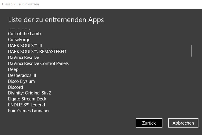 Bevor der PC zurückgesetzt wird, zeigt euch Windows nochmal eine Auswahl an Programmen, die deinstalliert werden. Dazu drückt ihr kurz vor dem zurücksetzen auf den Link »Apps anzeigen, die entfernt werden« 