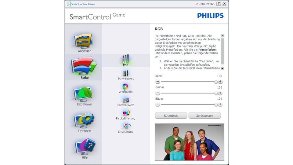 Philips stellt eine Steuersoftware zur Verfügung, mit deren Hilfe Sie Bildeinstellungen wie Helligkeit und Kontrast bequem vom Windows-Desktop aus vornehmen können.