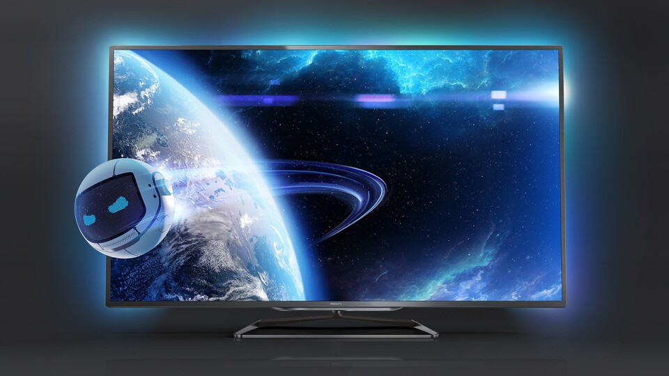 Das dreiseitige Ambilight XL beleuchtet den Rahmenbereich des 65-Zoll-Fernsehers zur Verstärkung der Atmosphäre auf Wunsch in den Farben, die gerade an den Bildrändern zu sehen sind.