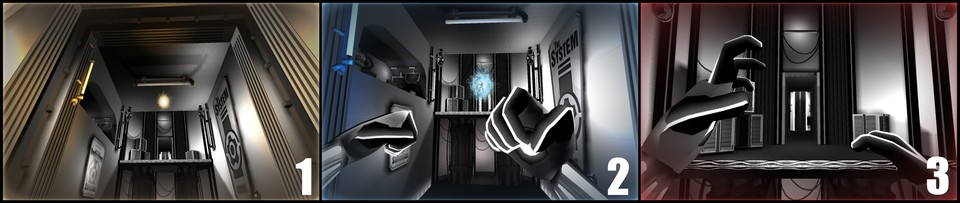 Der Spieler kann in Phobos schwebende Gravitationsanker anvisieren (links), sich an diese heranziehen (Mitte) und sich wieder abstoßen, um sich durch die Levels zu bewegen.