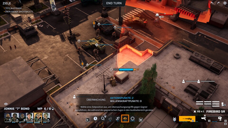 Unsere Scharfschützin auf dem Flachdach sichert per »Overwatch«-Befehl den roten Sichtbereich. Wenn beim gegnerischen Zug ein Mutant reintapst, kriegt er eine verpasst.