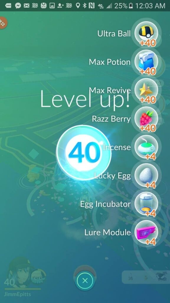 Das Beweisfoto für das Erreichen von Level 40 in Pokémon GO.