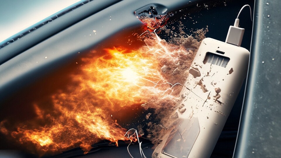 Soweit sollte es gar nicht erst kommen: Eine Powerbank, die in einem Auto Feuer fängt. (Bild: Adobe Firefly)