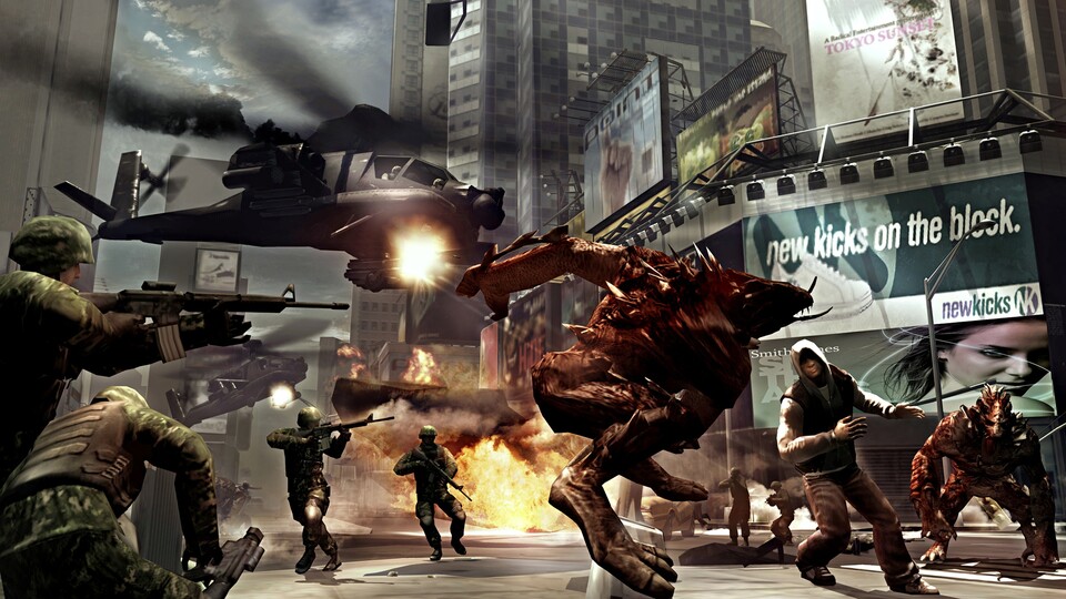 In Großoffensiven hetzt die Black Watch Panzer und Hubschrauber auf die Mutanten ? inklusive Alex. So kommt es oft zu Dreiecksgefechten (alle Bilder im Artikel stammen von Playstation 3 und Xbox 360).