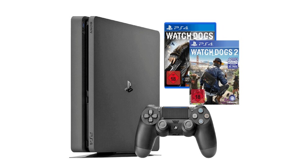 Im aktuellen PS4-Slim-Bundle gibt es die Konsole mit 500 GB Speicherplatz inklusive Watch Dogs 1 und 2. 