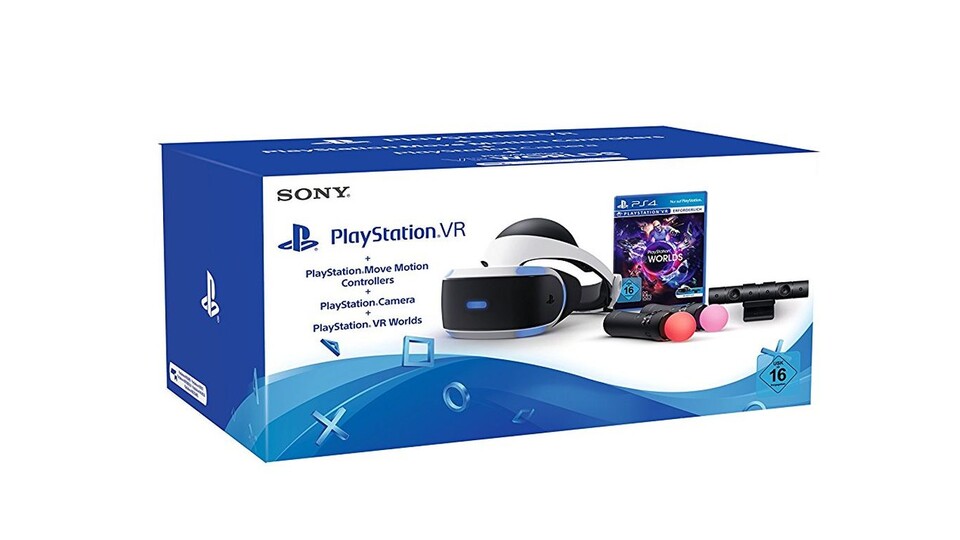 Das PSVR Bundle bei Amazon besteht aus der VR-Brille, der Playstation-Kamera, zwei Move-Controllern und VR Worlds.