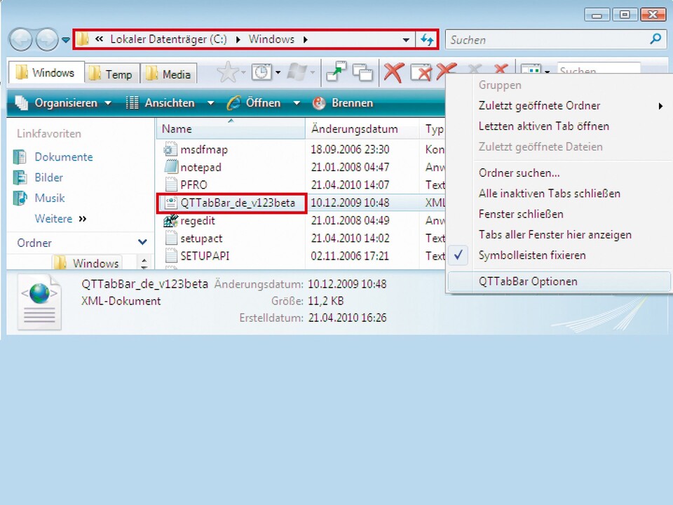 Kopieren Sie die hier markierte Datei in den Windows-Ordner. Dann können Sie die Qttabbar-Menüs auf Deutsch umstellen.