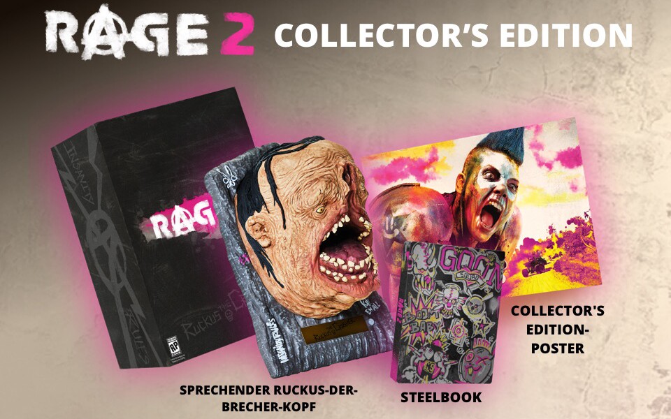 Die Rage 2 Collector's Edition mit Ruckus, dem Brecher-Kopf.