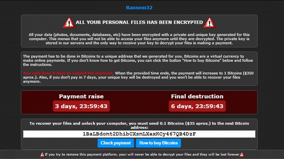 Ransom32 ist eine neue Schadsoftware, die Lösegeld fordert. (Bildquelle: Emsisoft)