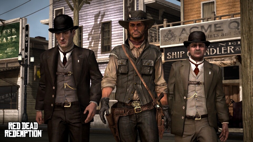 John Marston (in der Mitte) macht sich im Verlauf von Red Dead Redemption viele Freunde und noch mehr Feinde.