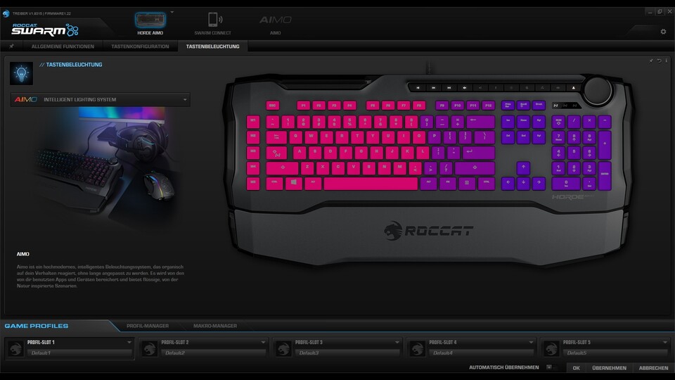 Die Software Roccat Swarm erlaubt euch sowohl die RGB-Beleuchtung als auch die Tasten einfach und intuitiv zu konfigurieren.