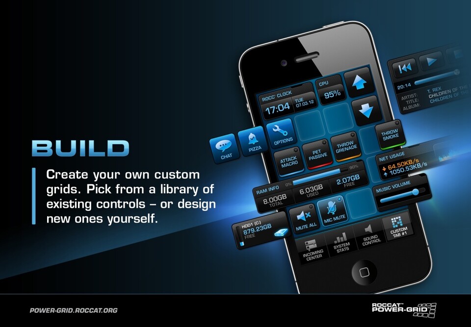 Makros, Tastaturbefehle, Hardware-Informationen, Lautstärkesteuerung oder zusätzliche Spielinhalte – Roccat bezieht per Power-Grid-App das Smartphone in Spiele mit ein.