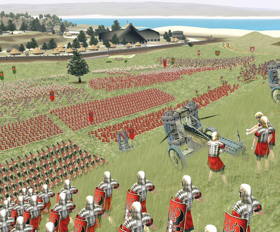 Solche Massenschlachten wie hier Römer gegen Briten sind die Regel - jeder der kleinen Pünktchen in der Ferne ist ein echter 3D-Soldat.