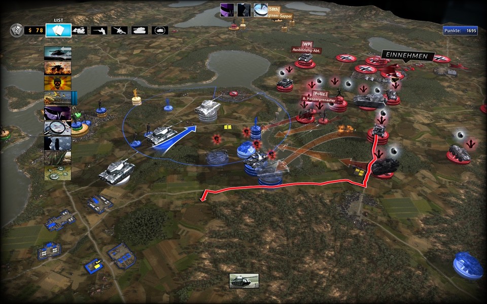 Bei dieser Schlacht in Sachsen zeigt der blaue Pfeil unsere Truppenbewegung, der blaue Kreis die Feuerreichweite der angewählten Panzer. Die feindlichen Einheiten haben wir mit der List »Spion«, ihre Befehle (rote Pfeile) mit dem Manöver »Decodierung« aufgedeckt.