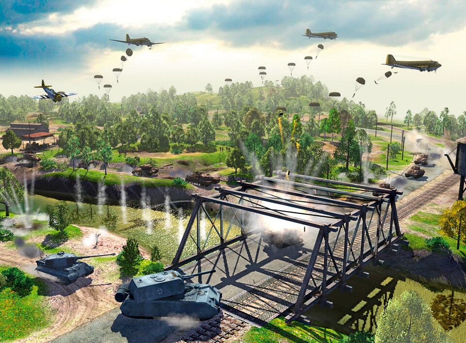 Eine Schlacht um eine Brücke, die von einem Maus-Panzer (unten) verteidigt wird. Bomber (links) und Fallschirmspringer können wir nur mit einem Spähfahrzeug anfordern.