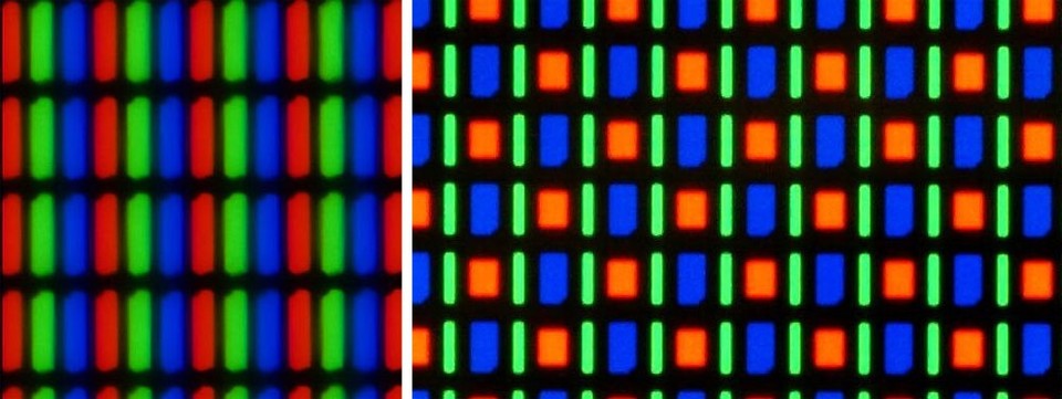 Links die herkömmliche RGB-Matrix, rechts die RGBG-Matrix eines Super-AMOLED-Bildschirms.