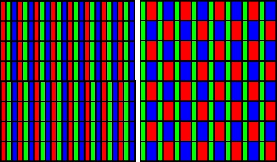 Links: Die Subpixel-Struktur eines Super-AMOLED-Plus- oder LC-Displays. Rechts: Super-AMOLED-Displas mit PenTile-Matrix wie beim Galaxy S3. Beim Galaxy Note 2 liegen die blauen Subpixel lotrecht.