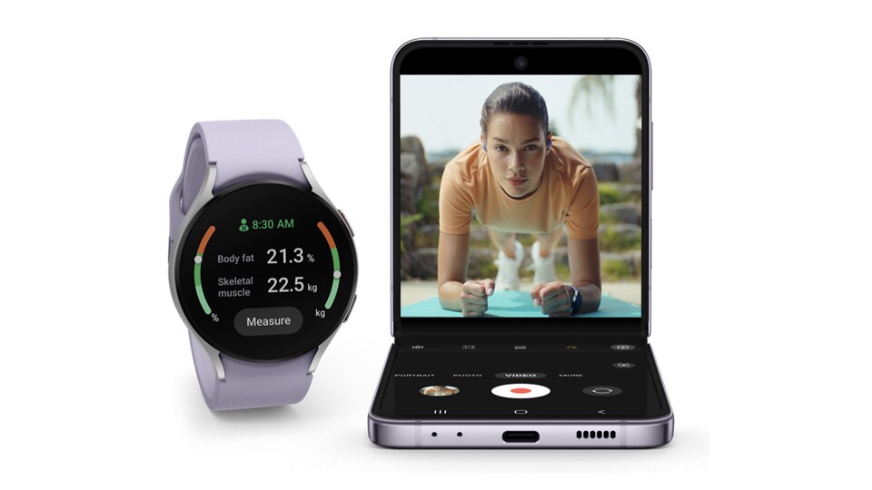 Messbare Fortschritte: Ihr könnt das Samsung Galaxy Z Flip4 mit der Samsung Galaxy Watch verbinden und so besonders komfortabel eure Fitness tracken!
