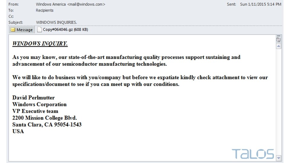Die Schadsoftware Rombertik wird durch solche E-Mails verbreitet. (Bildquelle: Cisco)