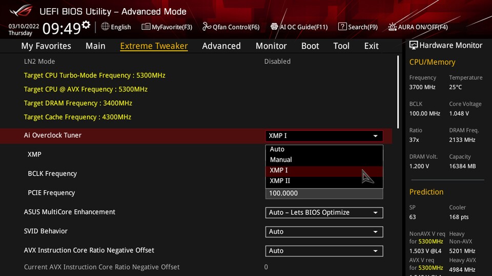 Um bei diesem Asus-Mainboard ein XMP-Profil auszuwählen, müsst ihr die Option Ai Overclock-Tuner nutzen.