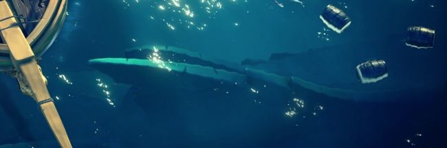 Ein Ausschnitt des Seemonsters aus Sea of Thieves: The Hungering Deep. Wir sehen eine riesige Rückenflosse eines Hais.