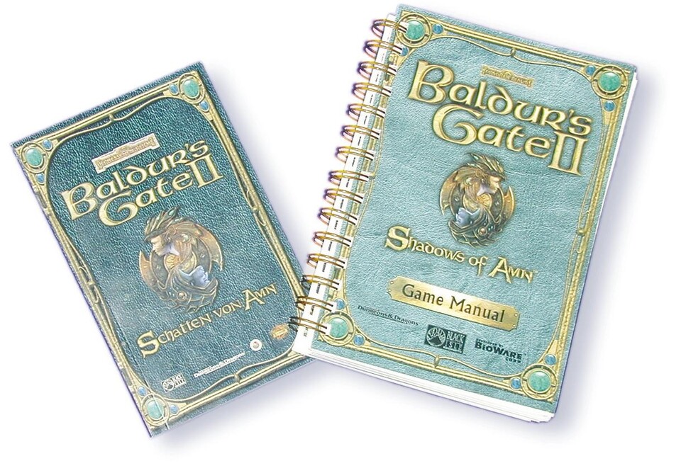 Vergleich: Links das deutsche Handbuch von Baldur's Gate 2 (152 Seiten), rechts die US-Version (266 Seiten) als stabiles Ringbuch.