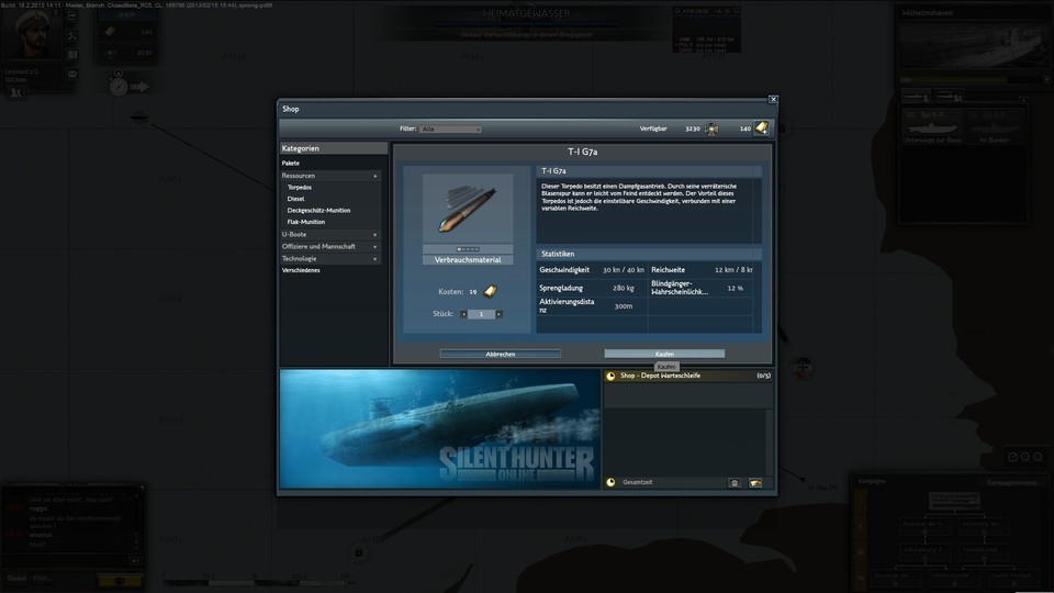 Im Online-Shop wird Ingame-Nachschub wie Torpedos gegen erspielte Prestigepunkte oder Gold eingekauft.
