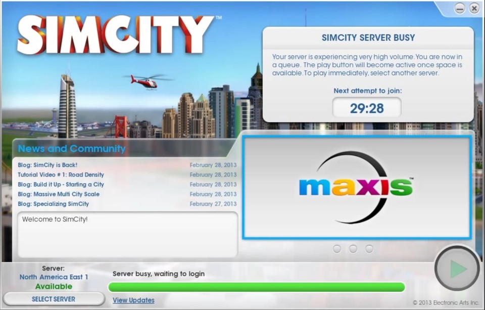 Die SimCity - Server sind nach dem US-Launch völlig ausgelastet. Warteschlangen sind die Regel.
