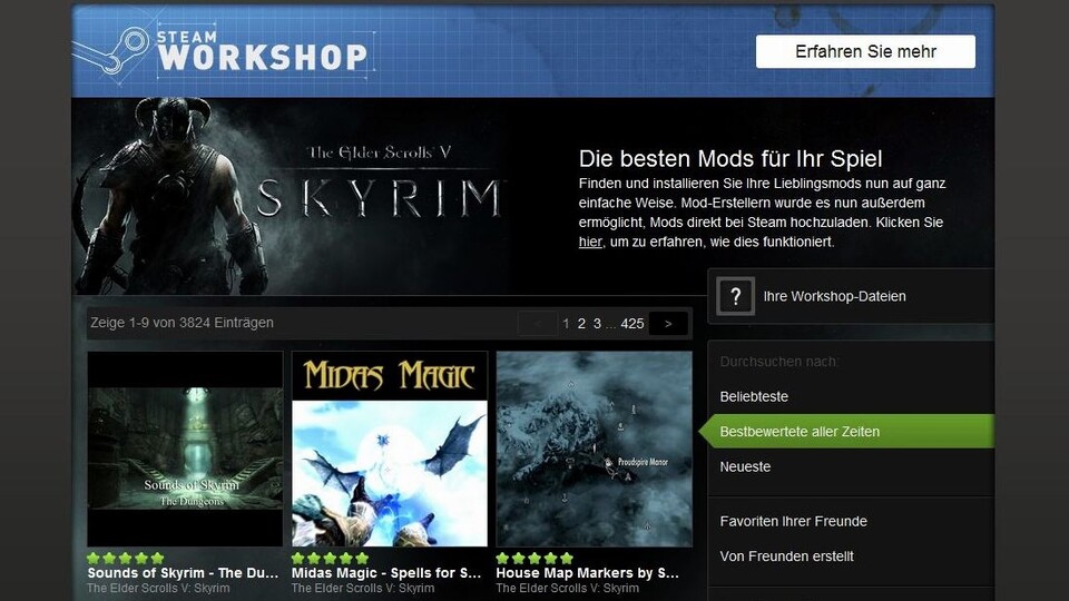 Über den Steam-Workshop gibt es inzwischen über 10.000 Mods für Skyrim.