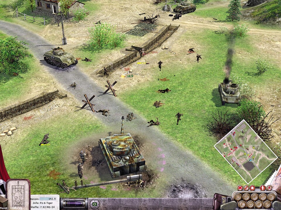 Beim Angriff auf einen Schützengraben suchen unsere drei Infanteristen Deckung, während der Tiger-Panzer anstürmende Gegner aufs Korn nimmt.