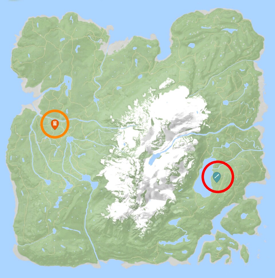 Der Fundort des Katanas ist auf der Map rot markiert. Die notwendige Keycard ist orange markiert. (Karte erstellt mit: mapgenie.io)
