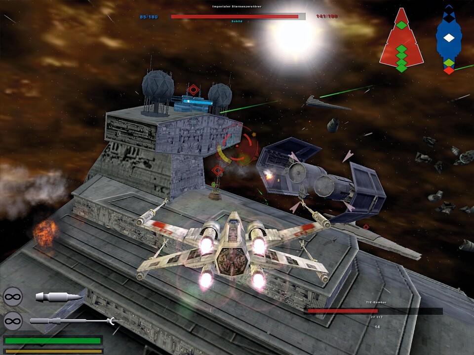 An Bord eines X-Wings der Rebellen müssen wir den gegnerischen Sternenzerstörer ausschalten.