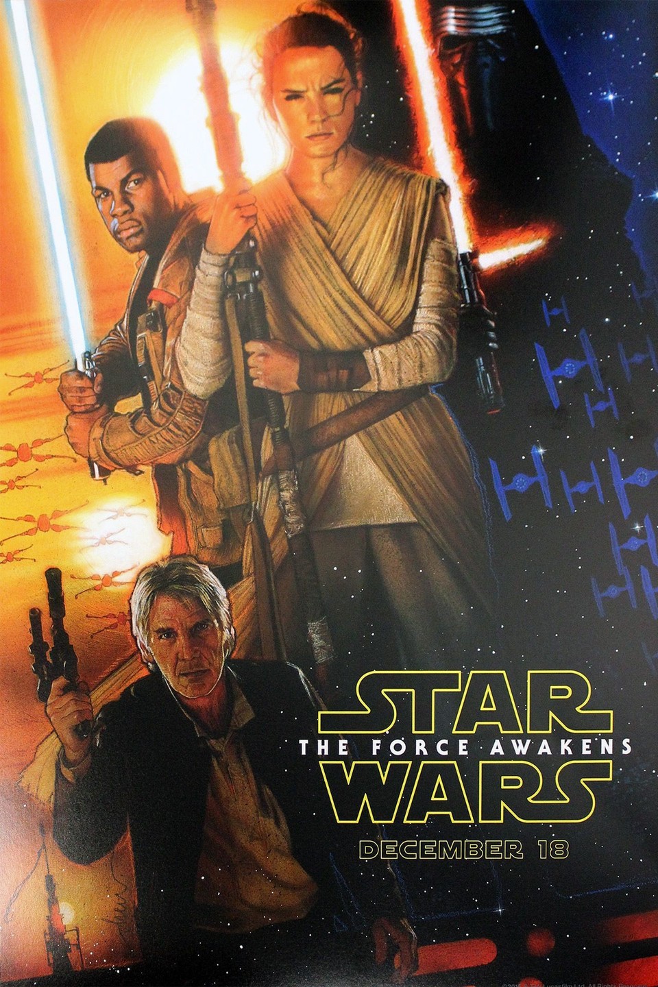 Filmposter zu Star Wars: Episode 7 mit Harrison Ford, John Boyega, Daisy Ridley und Adam Driver.