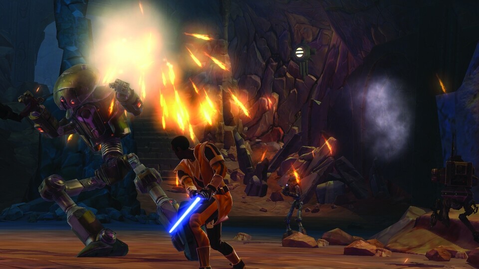Kurz vor dem Finale der Jedi-Ausbildung dürfen sich die Machtprotze auf Tython auch mit anderen und vor allem größeren Gegnern als den Flesh Raidern anlegen. Hier verkloppt ein Jedi-Ritter gleich mehrere Droiden. 