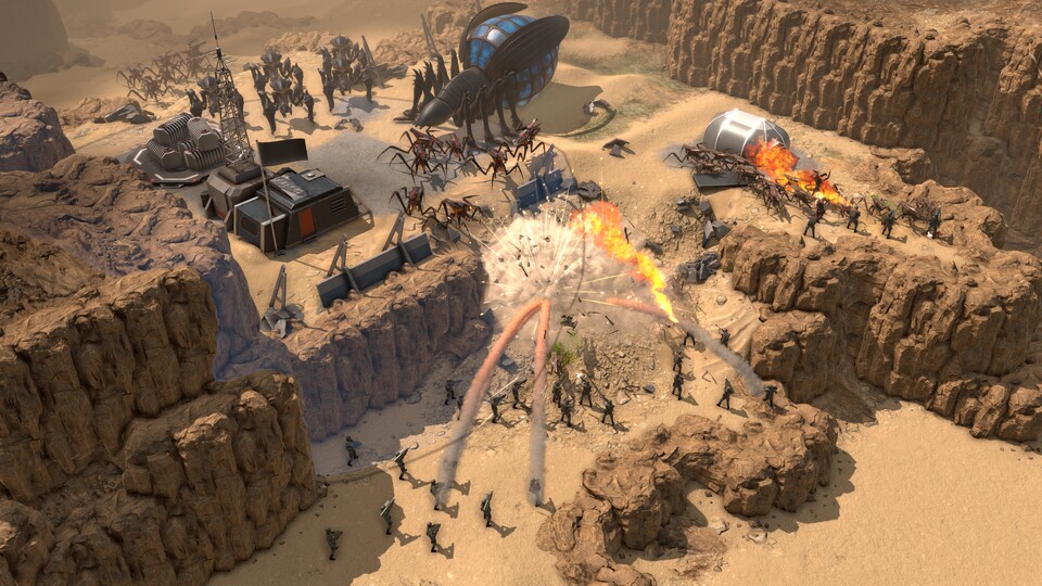 Eines der Missionsziele: Die mobile Infanterie (inklusive Raketentrupps) stürmt das Lager eines Plasma-Bugs, der Raumschiffe im Orbit bedroht.