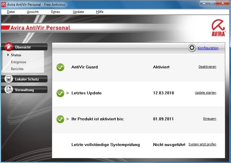 So begrüßt Sie Avira AntiVir Personal