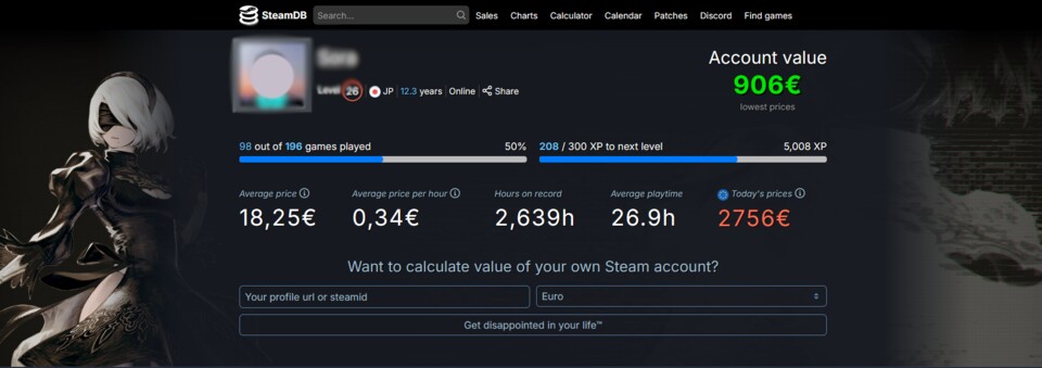 Der Rechner von SteamDB zeigt euch den Mindest- aber auch den Maximalwert eurer Spiele.