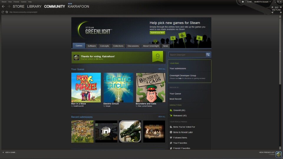 Steam Greenlight bietet Indie-Spielen die Möglichkeit, von der Steam-Community »gewählt« zu werden, was zu einem Publishing-Vertrag mit Valves Onlineplattform führen kann. Dass der Prozess immer noch sehr zufallsgesteuert abläuft, stört viele Indie-Entwickler.