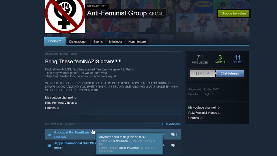 Noch immer kann man auf Steam zum Holocaust gegen Feministinnen blasen, ohne gelöscht zu werden.