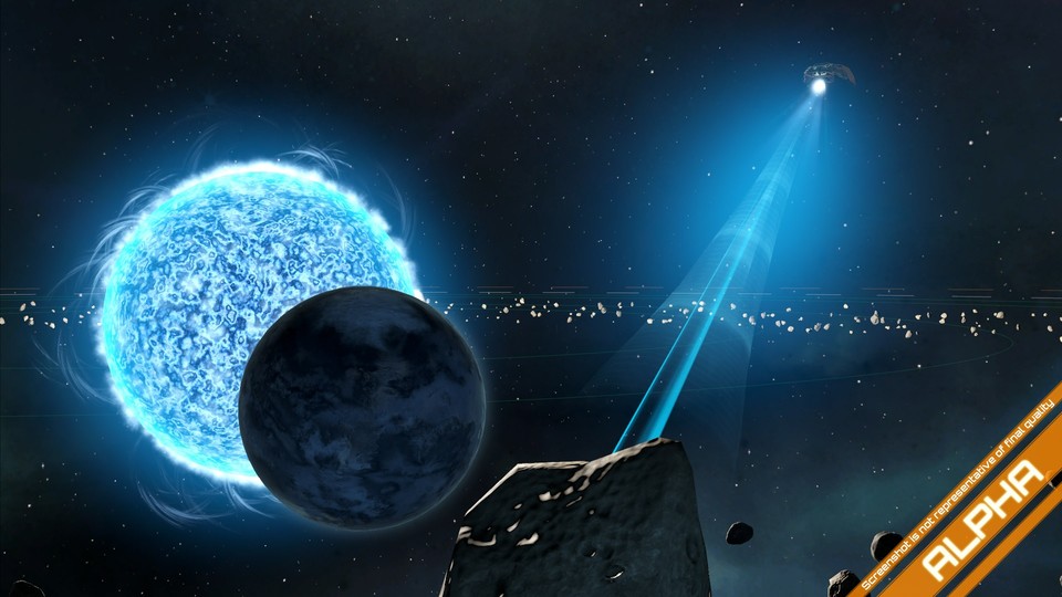 Ein Forschungsschiff scannt einen Asteroiden, um seine Eigenschaften herauszufinden.