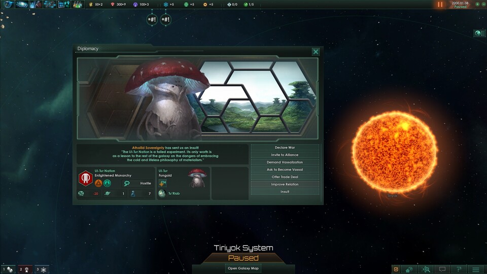 Stellaris bietet das von Paradox Interactive bekannte Diplomatiesystem, jetzt halt auch mit kriegerischen Pilzwesen.