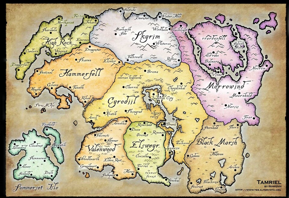 Tamriel, die Welt der Elder Scrolls-Spiele (Bild von Rowenn; tes.altervista.org)