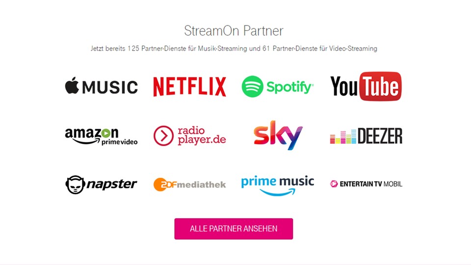 Einige der bekanntesten Partner des Stream-On-Angebots der Telekom.