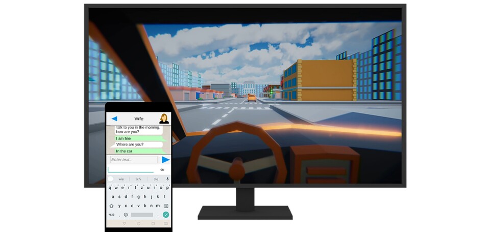 Text & Drive setzt Spieler hinter das Steuer eines Autos und lässt sie am Smartphone Nachrichten schreiben.