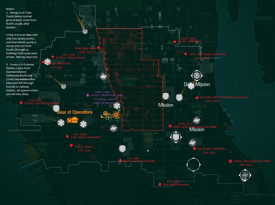 Eine von einem Spieler erstellte Karte für The Division zeigt, wo die Mini-Bosse in der offenen PvE-Spielwelt spawnen.